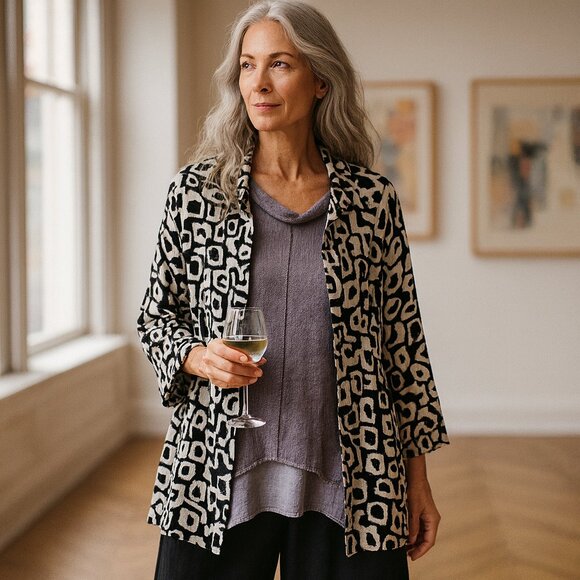 TWEEDS 100% Linen Button Down Tunic Abstract Print Black & White Size 1X Artsy - Picture 1 of 13